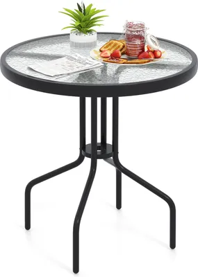 Obrázek produktu pro Stůl na terasu o průměru 70 cm, kulatý bistro stůl s deskou z tvrzeného skla, 4 cm otvorem pro slunečník a robustními kovovými nohami, akcentní jídelní stůl