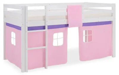 Produktbild von Homestyle4u Hochbett 90x200 Kinder ohne Lattenrost mit Rausfallschutz mit Leiter Vorhang Rosa Mädchen Massivholz Kiefer Weiß
