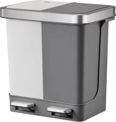 Produktbild von Tretmülleimer mit 2 Fächern aus Kunststoff mit Soft-Close-Deckel | 10+10 Liter, HxBxT 40x39,5x29,6cm | Weiß/Grau