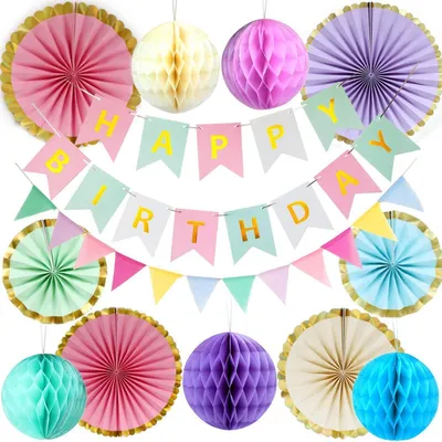 Productafbeelding van Verjaardagsdecoratieset: Pastelkleurige "Happy Birthday" slingers, vlaggenketting, honingraatballen, papieren waaier