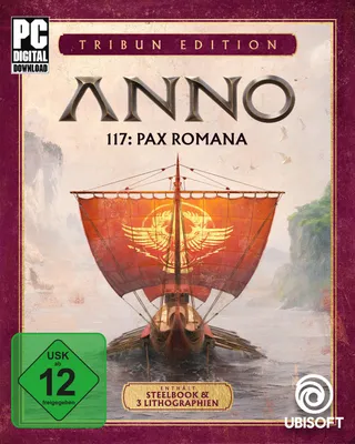 The cover art for the PC game Anno 117: Pax Romana, featuring a Roman galley with a large, ornate sail.