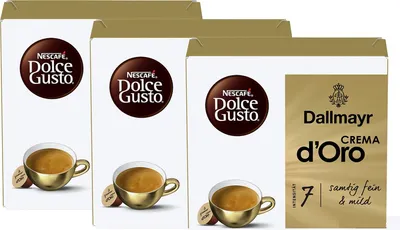 Three boxes of Nescafé Dolce Gusto coffee capsules, with one box showing Dallmayr Crema d'Oro branding.