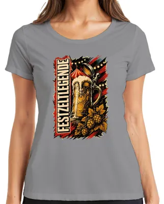 Productafbeelding van Feesttentlegende, bierkan, , volksfeest, lederen broek, "Wiesn" (), dames T-shirt, grijs, maat XL