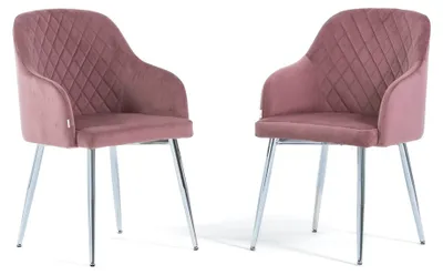 Produktbild von Set 2 gepolsterte Stühle TESSA aus Samt mit Armlehnen, hoher Rückenlehne und Metallbeinen, elegantes und modernes Design –Hellrosa/Silber
