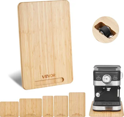 A collage showing a large bamboo cutting board, several smaller bamboo boards, and a coffee maker on a bamboo base.