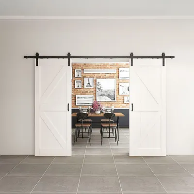 Produktbild von inova Doppelflügelige Holzschiebetür 1550 x 2065 mm, Scheunentor Weiß, Komplettset mit schwarzem Beschlag, Softclose beidseitig