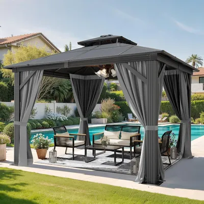 Produktbild von YITAHOME Pavillon 3x3 m, Winterfest Gazebo, Festem Dach, Stabil Winterfest Polycarbonat Hardtop Gartenpavillon, Grau