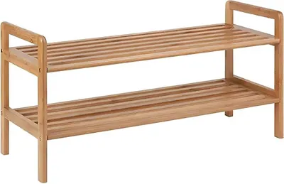A two-tiered shoe rack made of bamboo, shown against a white background.