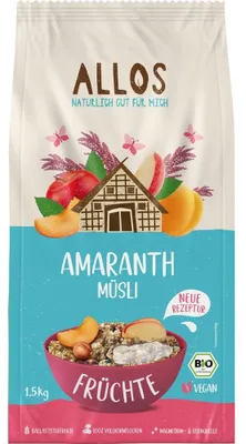 Produktbild von Allos 136350, 1,5 kg, Gluten, Nüsse, Sesamsamen, HAFERVOLLKORNFLOCKEN*, Amaranthvollkorn* gepoppt (20%), getrocknetes Obst (20%) (in..., Deutschland, 1631 kJ, 387 kcal