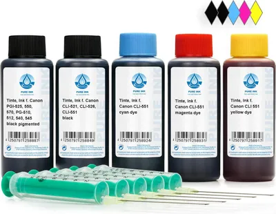 Five bottles of printer ink in different colors (black, cyan, magenta, yellow) and several syringes are arranged in front of a white background. Small diamond shapes representing colors are at the top right.