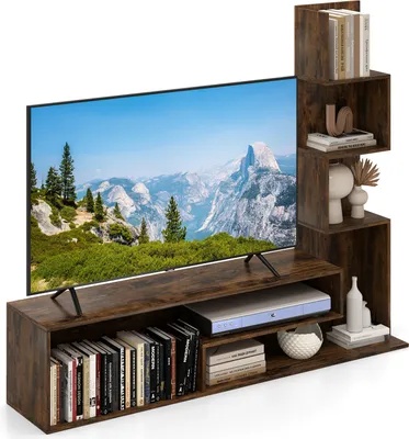 Zdjęcie produktu dla Stojak TV COSTWAY do telewizorów o przekątnej do 50 cali, stolik RTV z półkami w kształcie litery "L" i otwartymi przegródkami, mebel do salonu w kolorze brązowym