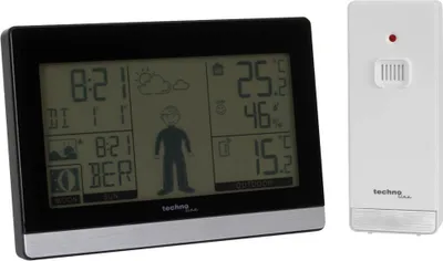 A digital weather station and its outdoor sensor are displayed against a white background.