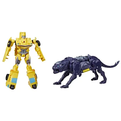 Two Transformers action figures, one yellow robot and one dark purple panther, are displayed against a white background.