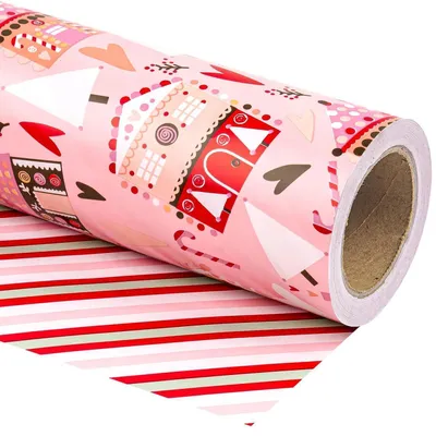 Obrázek produktu pro Dárkový papír, oboustranný design, Vánoce, dům, vánoční stromek, cukrová tyčinka, růžová barva, rozměry 43,2 cm x 10 m