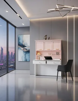 Image de Bureau avec espace de rangement et étagères, en rose et blanc