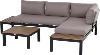 An outdoor furniture set consisting of a sectional sofa and a coffee table, displayed against a white background.