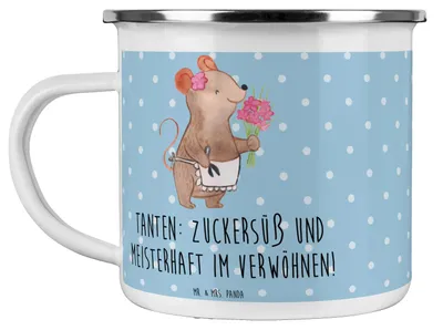 Produktbild von Mr. & Mrs. Panda Emaille Becher Tante Zuckersüß - Blau Pastell - Geschenk, Verwandtschaft, Geschenke, Teetasse, persönliche Erinnerungen, Neffe, Haferl, Campingbecher