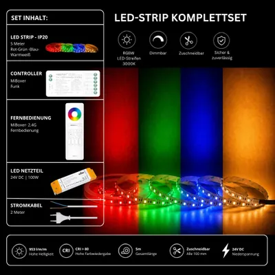 Produktbild von LED Streifen Set RGBW – SMD LED Streifen 24V, 60 LEDs/m, 4-in-1, 18 W/m, 953 lm/m, 5m, RGB + Warmweiß 3000K, CRI 80 – SS100 Netzteil, SR5 Funk-Controller und C5 Fernbedienung Weiß