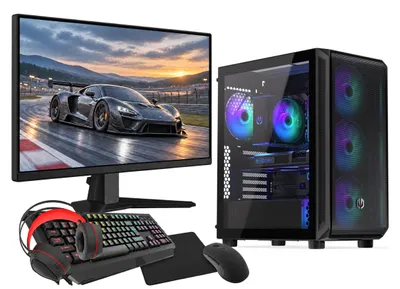 Imagen del producto de PC de gaming VIST, con procesador AMD Ryzen 5950X, tarjeta gráfica RTX 5060, 64GB de RAM, SSD de 1TB, conexión WiFi, sistema operativo Windows 11 y monitor LCD de 24 pulgadas