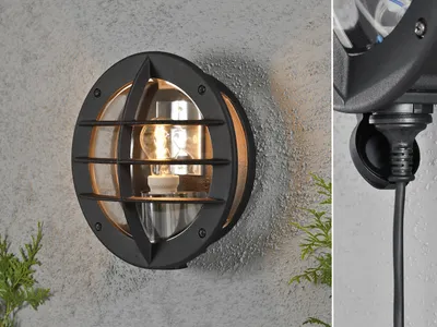 Produktbild von LED Außenwandleuchte Fassadenbeleuchtung mit Steckdose runde Kellerlampe Schwarz