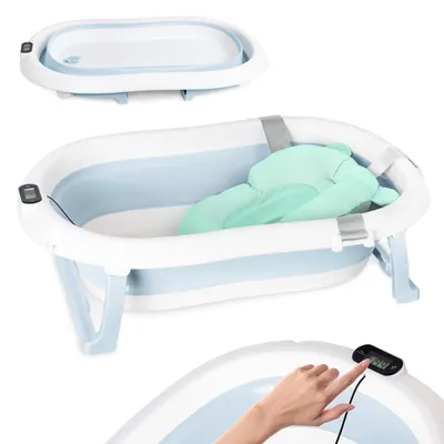 Image de moovkee Baignoire bébé pliable 80 cm bleue avec thermomètre et coussin de bain – Baignoire bébé sécurisée pour nouveau-nés
