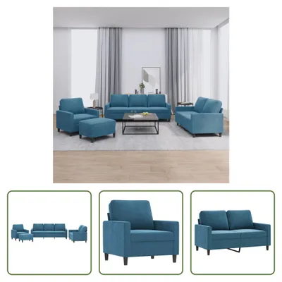 Produktbild von The Living Store 4-tlg. Sofagarnitur mit Kissen Blau Samt