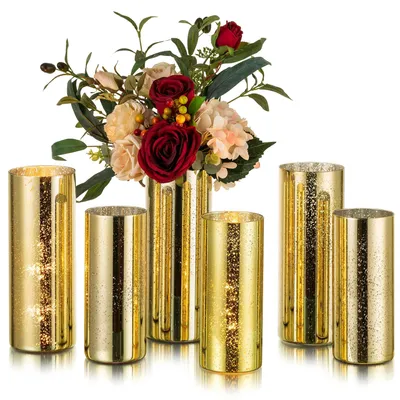 Produktbild von 6er-Set moderne Vasen – goldene Zylinder – dekorative Glasvasen