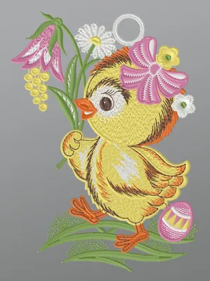 Produktbild von Fensterbild aus Plauener Spitze - Küken mit Schleife  (BxH) 15cm x 20cm, mehrfarbig, Fensterdekoration und Fensterschmuck