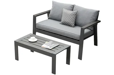 Produktbild von MEXO Gartenlounge-Set Gartenmöbel Set Aluminium Balkonmöbel Set Kleiner Balkon, wetterfest Sitzgruppe, Terassenmöbel außen, Tischplatte aus WPC