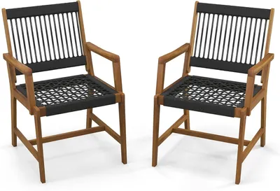 Produktbild von Terrassenstühle aus Akazienholz mit Geflecht, Set aus 2 Balkonstühlen und Gartenstühlen mit Rückenlehne und Armlehnen, für Garten, Terrasse und Balkon, belastbar