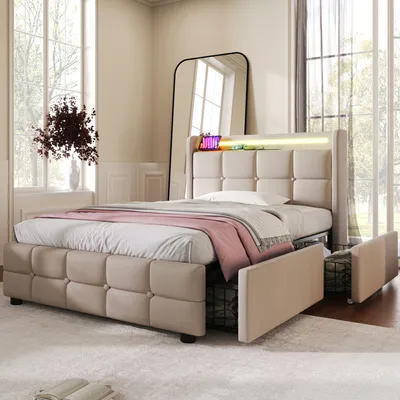 A bedroom scene featuring a beige upholstered bed with LED lighting and storage drawers.