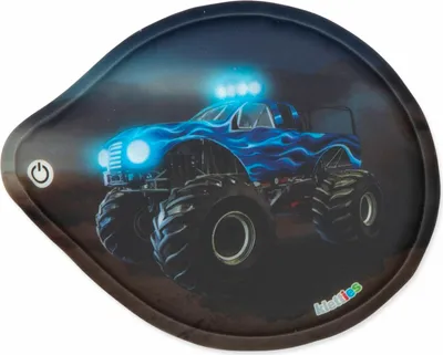 A blue monster truck with flames is depicted on a dark background. There is a power button icon on the left side.