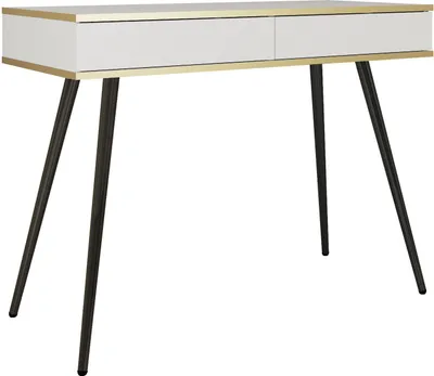 Produktbild von Schminktisch im modernen Stil, weiß mit schwarzen Beinen und goldenen Akzenten, 102x79x50 cm