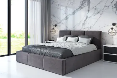 A modern bedroom with a large bed, bedside tables, and a marble accent wall.