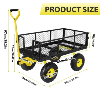 Zdjęcie produktu dla Wózek ogrodowy 2 w 1 – wózek ogrodowy i wózek transportowy – wózek z siatką i platforma – udźwig 408 kg – solidna stalowa rama – opony terenowe o średnicy 25 cm