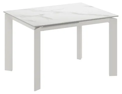 Image de Table extensible Barret 170/270 x 90 cm en stratifié haute pression sur MDF, structure avec pieds en métal blanc et plateau en marbre Calacatta - Mobilier moderne