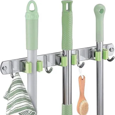 Image de Support mural Famanu pour balais et outils - Acier inoxydable, 3 fentes et 4 crochets, couleur verte