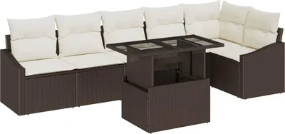 Image de Ensemble de canapé de jardin vidaXL, 7 pièces, marron et crème, en polyrotin