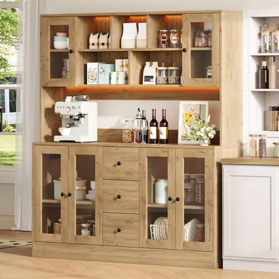 Immagine prodotto di MODFU, mobiletto buffet alto, 150x40x173 cm, armadio per cucina con 3 cassetti e 6 ante in acrilico, dispensa per cucina con illuminazione a LED e prese di corrente, finitura naturale