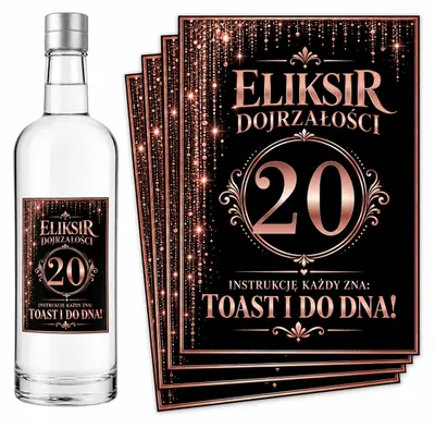 Obrázok produktu pre Etikety na fľaše – k 20. narodeninám – „Eliksir Dojrzałości” – ružová – #150 – 8 ks