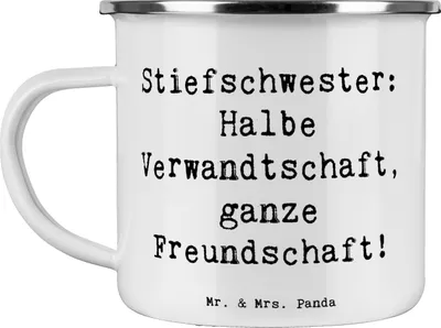 Produktbild von Mr. & Mrs. Panda Teebecher Spruch Stiefschwester Freundschaft - Weiß - Geschenk, Geschenke, Haferl, Emaille Becher, Freude, Pott, Tasse, Verwandtschaft, Familie