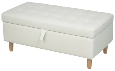 Obrázok produktu pre Biela úložná lavica s plyšovým čalúnením a drevenými nohami | Farba: biela | Rozmery: 115 x 50 x 43 cm