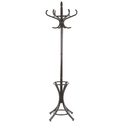 A dark brown wooden coat rack with a circular base and multiple hooks at the top.