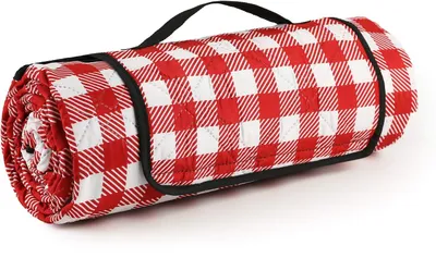 Produktbild von Picknickdecke für draußen, 200 x 200 cm, wasserdicht und faltbar, ideal für Strand und Camping auf Rasen. (Rot und Weiß)