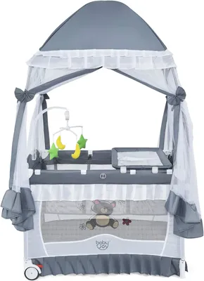 Produktbild von GOPLUS Kinderreisebett faltbar, Reisebett klappbar mit Spielzeug & Mückennetz & Musik, Mobile Babybett mit Tragetasche, Kinderbett Klappbett für Kinderzimmer Reisebett Baby (Grau)
