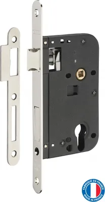 Image de Boitier de serrure encastrable à cylindre pour porte d'entrée, axe 60mm, bouts ronds, nickelé - THIRARD