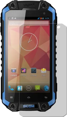 A rugged smartphone with a screen protector partially covering it.