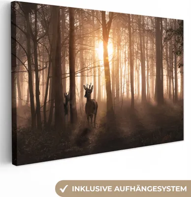 Produktbild von MuchoWow® - Leinwandbilder - Wald - Hirsche - Sonne - Bäume - Winter - Natur - Tiere, Wandbild, Wanddeko Bilder Wohnzimmer, 90x60 cm