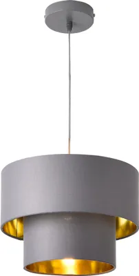 A gray and gold pendant light fixture.