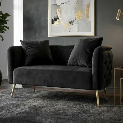 Zdjęcie produktu dla Mała sofa z czarnej tkaniny ze złotymi nogami 127x74x71 cm
